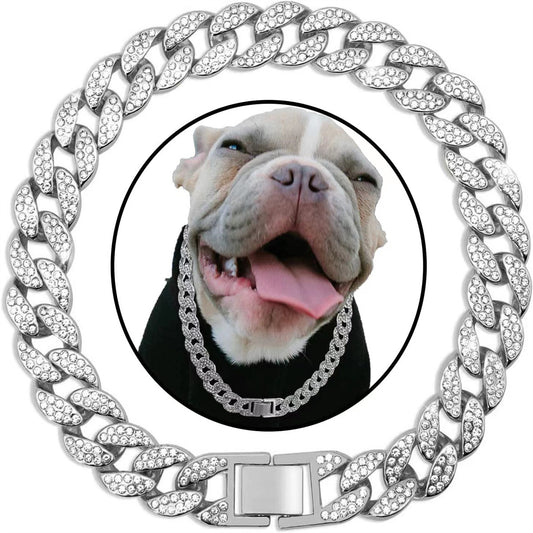 Pet Dog Collar Necklace with Crystal-Style Cuban Link Chain.