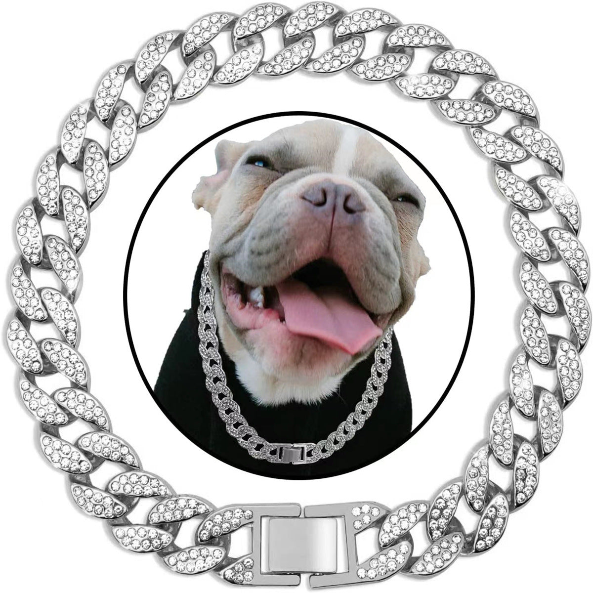 Pet Dog Collar Necklace with Crystal-Style Cuban Link Chain.